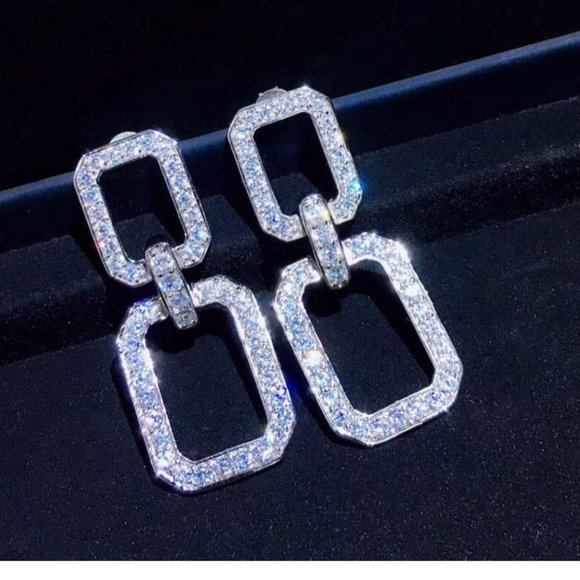 NEW Silver Double Square Round Diamond Earrings - Picture 7 of 9